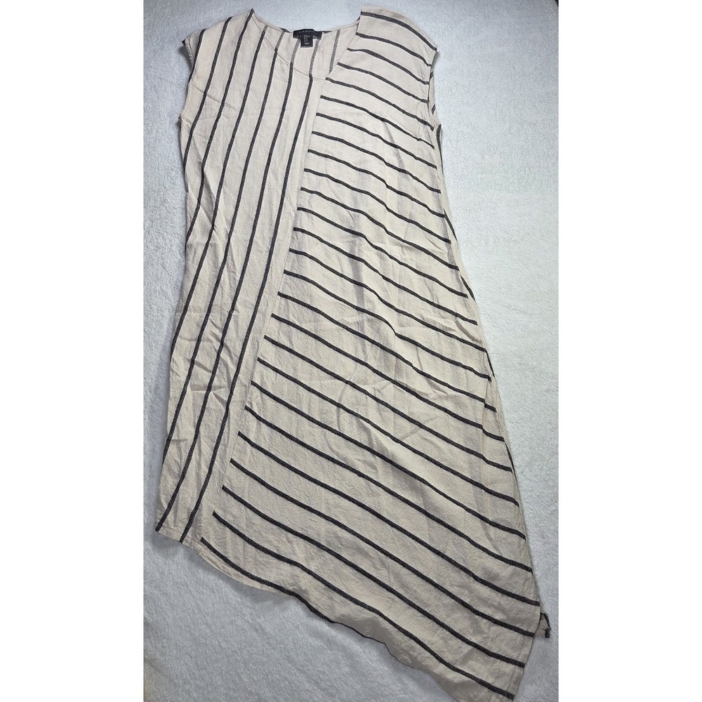 Tahari XL Linen Blend Striped Shift Dress Asymmetrical Hem Coastal Minimalist